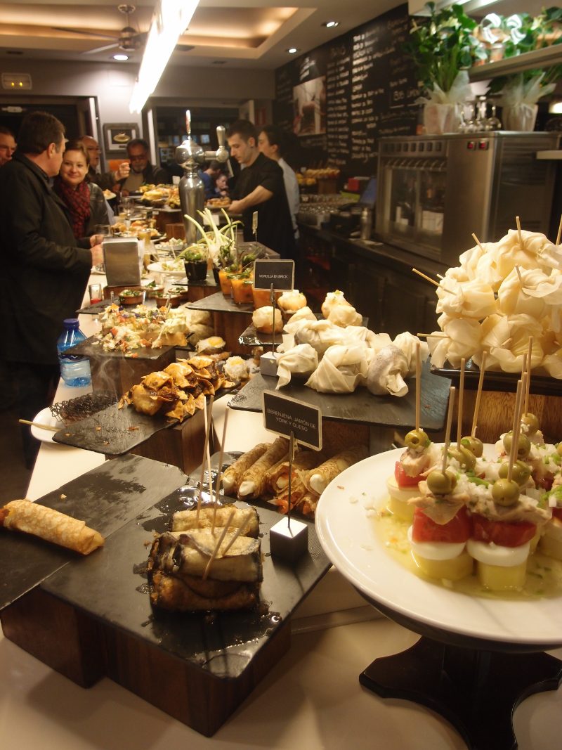A counter laden with pintxos in a bar in San Sebastián’s old town.